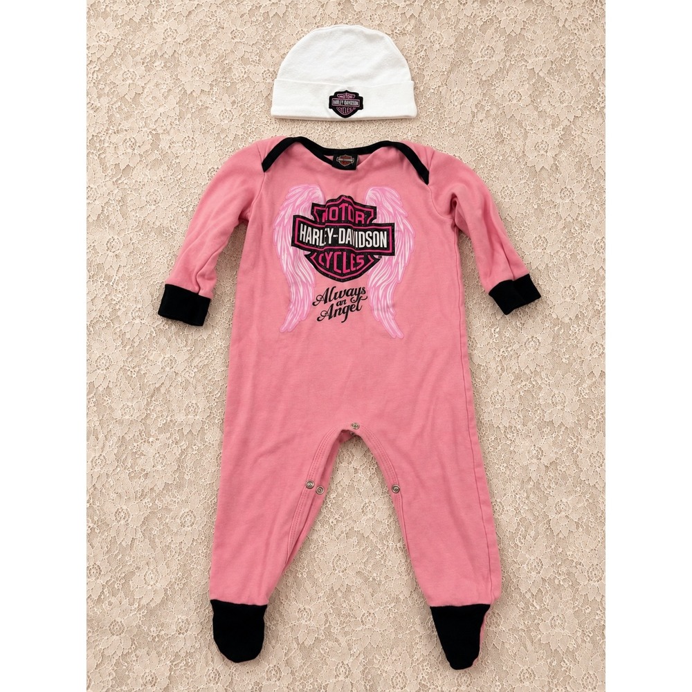 Harley-Davidson Baby Girls Pink Footed Sleeper Beanie Set 6-9M Y2K Girly